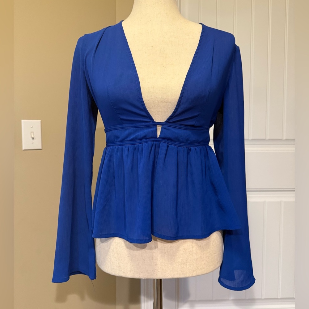 Urban Outfitters Royal Blue Deep V-Neck Open Back Peplum Bell Sleeve Top XS